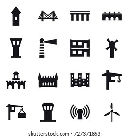 16 vector icon set : tower, bridge, airport tower, lighthouse, modular house, windmill, fort, gothic architecture, palace, tower crane