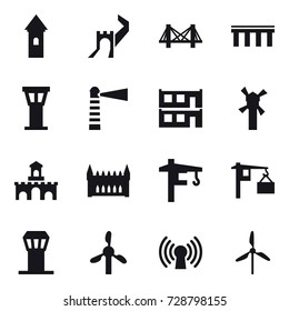 16 vector icon set : tower, greate wall, bridge, airport tower, lighthouse, modular house, windmill, fort, gothic architecture, tower crane