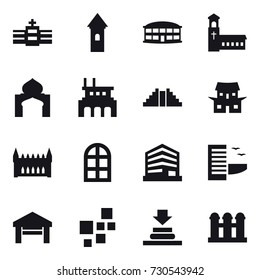16 vector icon set : tower, airport building, church, minaret, factory, pyramid, japanese house, gothic architecture, arch window, hotel, garage, grain elevator