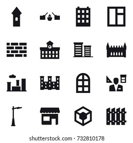 16 vector icon set : tower, drawbridge, building, window, brick wall, university, district, gothic architecture, city, palace, arch window, architector, outdoor light, shop, fence