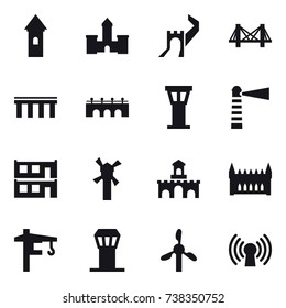 16 vector icon set : tower, castle, greate wall, bridge, airport tower, lighthouse, modular house, windmill, fort, gothic architecture, tower crane