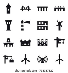 16 vector icon set : tower, bridge, airport tower, lighthouse, modular house, windmill, fort, gothic architecture, palace, tower crane