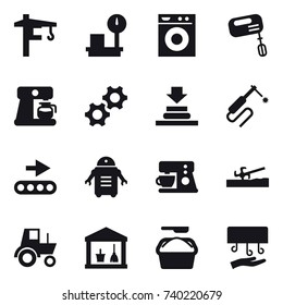 16 vector icon set : tower crane, washing machine, mixer, coffee maker, soil cutter, tractor, utility room, washing powder, hand dryer