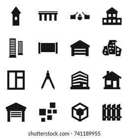 16 vector icon set : tower, bridge, drawbridge, cottage, skyscrapers, fence, garage, modern architecture, window, drawing compass, home