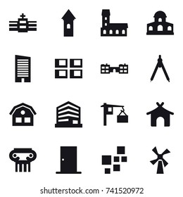 16 vector icon set : tower, mansion, skyscraper, panel house, school, drawing compass, house, bungalow, antique column, door, windmill