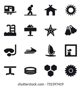 16 vector icon set : trailer, tourist, bungalow, sun, pool, restaurant, starfish, flippers, diving mask, jet ski, windsurfing, flower in window, table, inflatable pool, honeycombs, flower