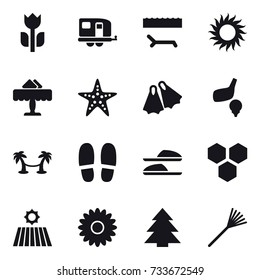 16 vector icon set : trailer, lounger, sun, restaurant, starfish, flippers, golf, palm hammock, slippers, honeycombs, field, flower, spruce, rake