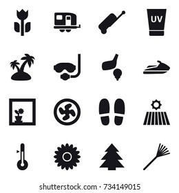 16 vector icon set : trailer, suitcase, uv cream, island, diving mask, golf, jet ski, flower in window, cooler fan, slippers, field, thermometer, flower, spruce, rake