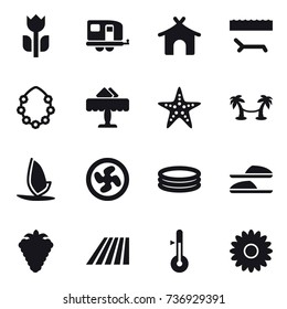 16 vector icon set : trailer, bungalow, lounger, hawaiian wreath, restaurant, starfish, palm hammock, windsurfing, cooler fan, inflatable pool, slippers, berry, field, thermometer, flower