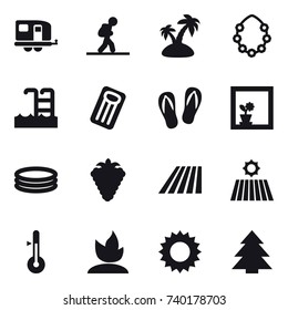 16 vector icon set : trailer, tourist, island, hawaiian wreath, pool, inflatable mattress, flip-flops, flower in window, inflatable pool, berry, field, thermometer, sprouting, sun, spruce