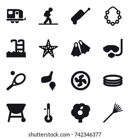 16 vector icon set : trailer, tourist, suitcase, hawaiian wreath, pool, starfish, flippers, diving mask, tennis, golf, cooler fan, inflatable pool, thermometer, garden, rake