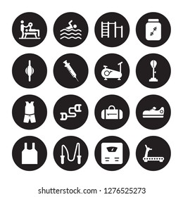16 vector icon set : Trainer, Scale, Skipping Rope, Sleeveless, Sneakers, Running Machine, Stretching Punching Ball, Sport wear, Stationary bike isolated on black background