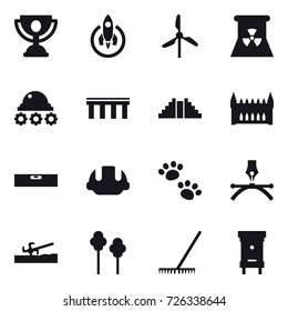16 vector icon set : trophy, rocket, windmill, nuclear power, lunar rover, bridge, pyramid, gothic architecture, level, building helmet, pets, soil cutter, trees, rake, hive