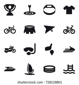 16 vector icon set : trophy, target, smart bracelet, t-shirt, bike, stadium, deltaplane, motorcycle, diving mask, golf, jet ski, yacht, windsurfing, inflatable pool, pool