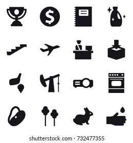 16 vector icon set : trophy, dollar coin, copybook, cleanser, stairs, golf, trees, rabbit, hand drop