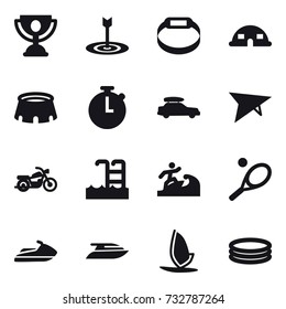 16 vector icon set : trophy, target, smart bracelet, dome house, stadium, car baggage, deltaplane, motorcycle, pool, surfer, tennis, jet ski, yacht, windsurfing, inflatable pool
