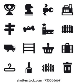 16 vector icon set : trophy, chess horse, satellite, cashbox, singlepost, bone, church, fence, suitcase, hanger, scoop, trash bin