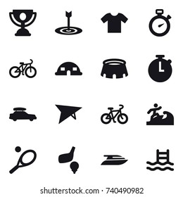 16 vector icon set : trophy, target, t-shirt, stopwatch, bike, dome house, stadium, car baggage, deltaplane, surfer, tennis, golf, yacht, pool