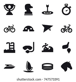 16 vector icon set : trophy, chess horse, target, stopwatch, bike, dome house, hang glider, pool, diving mask, surfer, golf, yacht, windsurfing, inflatable pool, horse