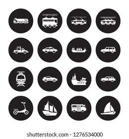 16 vector icon set : Truck, School bus, schooner, Scooter, Sedan, Sailboat, Tow truck, Subway, Tanker isolated on black background