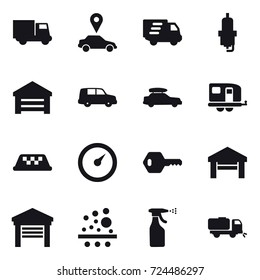 16 vector icon set : truck, car pointer, delivery, spark plug, garage, car baggage, trailer, taxi, barometer, key, sprayer, sweeper