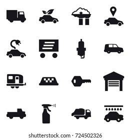 16 vector icon set : truck, eco car, factory filter, car pointer, electric car, delivery, spark plug, trailer, taxi, key, garage, pickup, sprayer, trash truck, car wash
