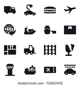 16 vector icon set : truck, electric car, airport building, airport tower, baggage checking, ticket, car wash