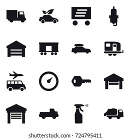 16 vector icon set : truck, eco car, delivery, spark plug, garage, car baggage, trailer, transfer, barometer, key, pickup, sprayer, trash truck