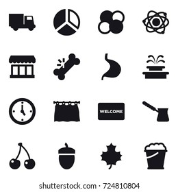 16 vector icon set : truck, diagram, atom core, atom, market, fountain, watch, curtain, welcome mat, turk, cherry, acorn, maple leaf, foam bucket