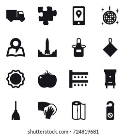 16 vector icon set : truck, puzzle, disco ball, map, apron, rag, watering, hive, broom, wiping, paper towel, do not distrub