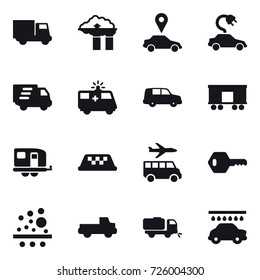 16 vector icon set : truck, factory filter, car pointer, electric car, delivery, trailer, taxi, transfer, key, pickup, sweeper, car wash