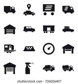 16 vector icon set : truck, car pointer, delivery, garage, car baggage, trailer, taxi, barometer, sprayer, trash truck, sweeper