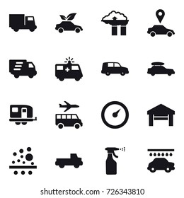 16 vector icon set : truck, eco car, factory filter, car pointer, delivery, car baggage, trailer, transfer, barometer, garage, pickup, sprayer, car wash