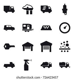 16 vector icon set : truck, factory filter, delivery, spark plug, trailer, taxi, barometer, key, garage, pickup, sprayer, trash truck, sweeper