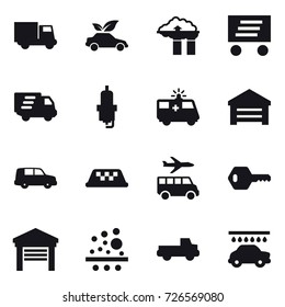 16 vector icon set : truck, eco car, factory filter, delivery, spark plug, garage, taxi, transfer, key, pickup, car wash