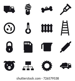 16 vector icon set : truck, bulb, bone, thermometer, radiator, stairs, measuring cup, rolling pin, pig, hierarchy, sun, trash truck