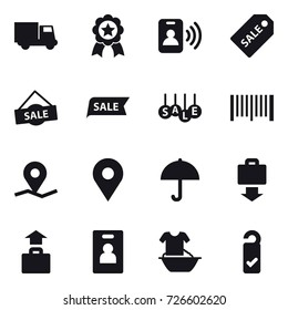 16 vector icon set : truck, medal, pass card, sale label, sale, barcode, baggage get, baggage, identity card, handle washing, please clean