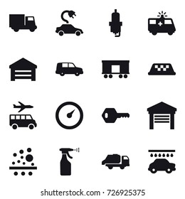 16 vector icon set : truck, electric car, spark plug, garage, taxi, transfer, barometer, key, sprayer, trash truck, car wash