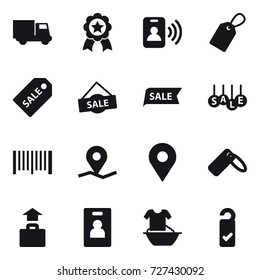 16 vector icon set : truck, medal, pass card, label, sale label, sale, barcode, baggage, identity card, handle washing, please clean