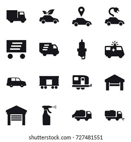 16 vector icon set : truck, eco car, car pointer, electric car, delivery, spark plug, trailer, garage, sprayer, trash truck, sweeper
