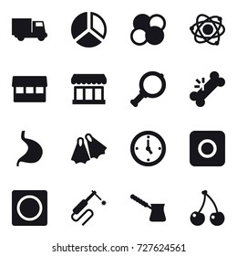 16 vector icon set : truck, diagram, atom core, atom, market, magnifier, flippers, watch, ring button, turk, cherry