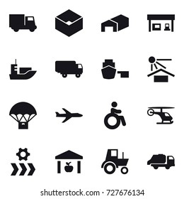 16 vector icon set : truck, box, warehouse, gas station, plane, invalid, tractor, trash truck