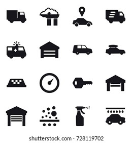 16 vector icon set : truck, factory filter, car pointer, delivery, garage, car baggage, taxi, barometer, key, sprayer, car wash