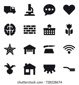 16 vector icon set : truck, microscope, ballon, brick wall, university, starfish, garage, cutting board, beet, house, udder, brush