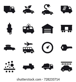 16 vector icon set : truck, eco car, electric car, delivery, spark plug, garage, car baggage, transfer, barometer, key, pickup, trash truck, car wash