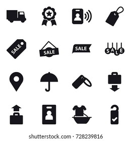 16 vector icon set : truck, medal, pass card, label, sale label, sale, baggage get, baggage, identity card, handle washing, please clean