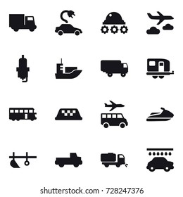 16 vector icon set : truck, electric car, lunar rover, journey, spark plug, trailer, bus, taxi, transfer, jet ski, plow, pickup, sweeper, car wash