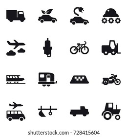 16 vector icon set : truck, eco car, electric car, lunar rover, journey, spark plug, bike, train, trailer, taxi, motorcycle, transfer, plow, pickup, tractor