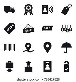 16 vector icon set : truck, medal, pass card, label, sale label, sale, barcode, baggage get, baggage, identity card, please clean