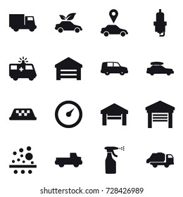 16 vector icon set : truck, eco car, car pointer, spark plug, garage, car baggage, taxi, barometer, pickup, sprayer, trash truck